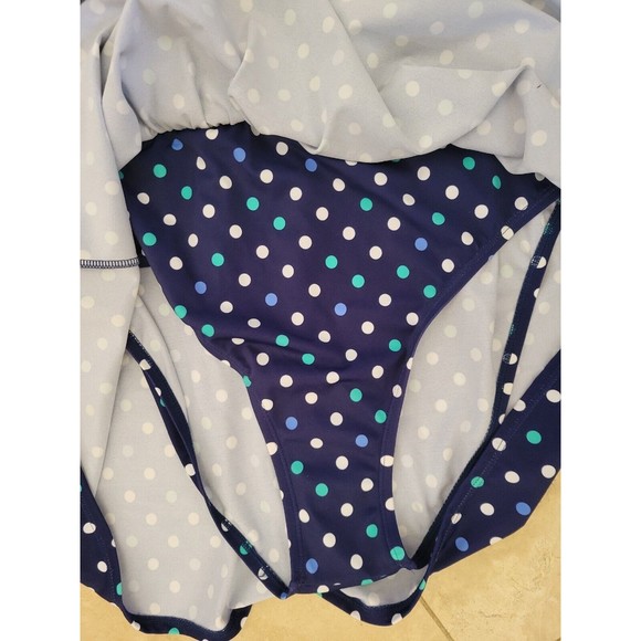 Denim & Co. Beach Ruffle Neck Skirted Swim Dress Suit Blue Dots NWOT Sz 12 - Picture 6 of 10